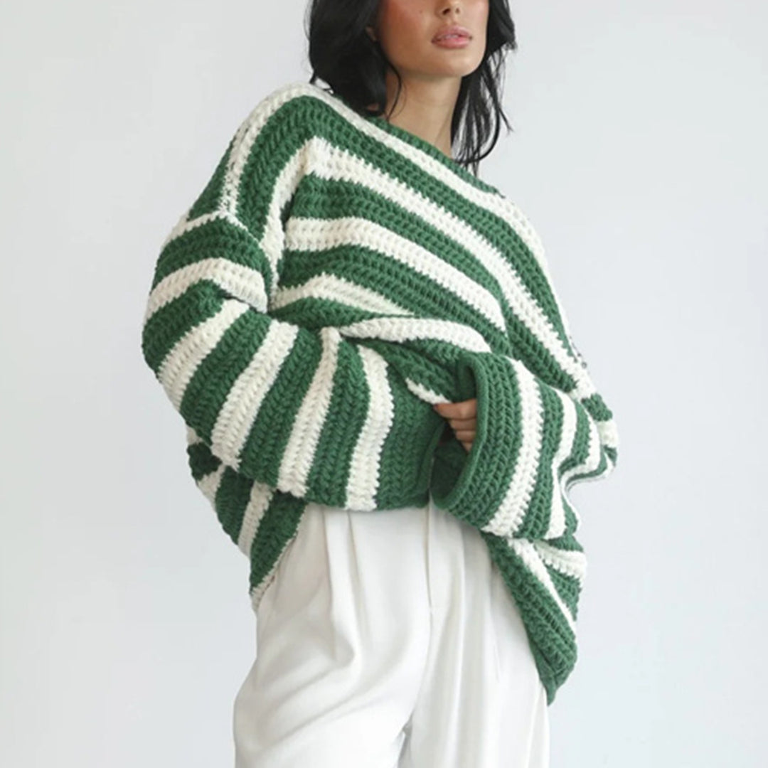 Damen gestreifter Grobstrickpullover mit lässigem Schnitt und weitem Arm Heidi-Mode