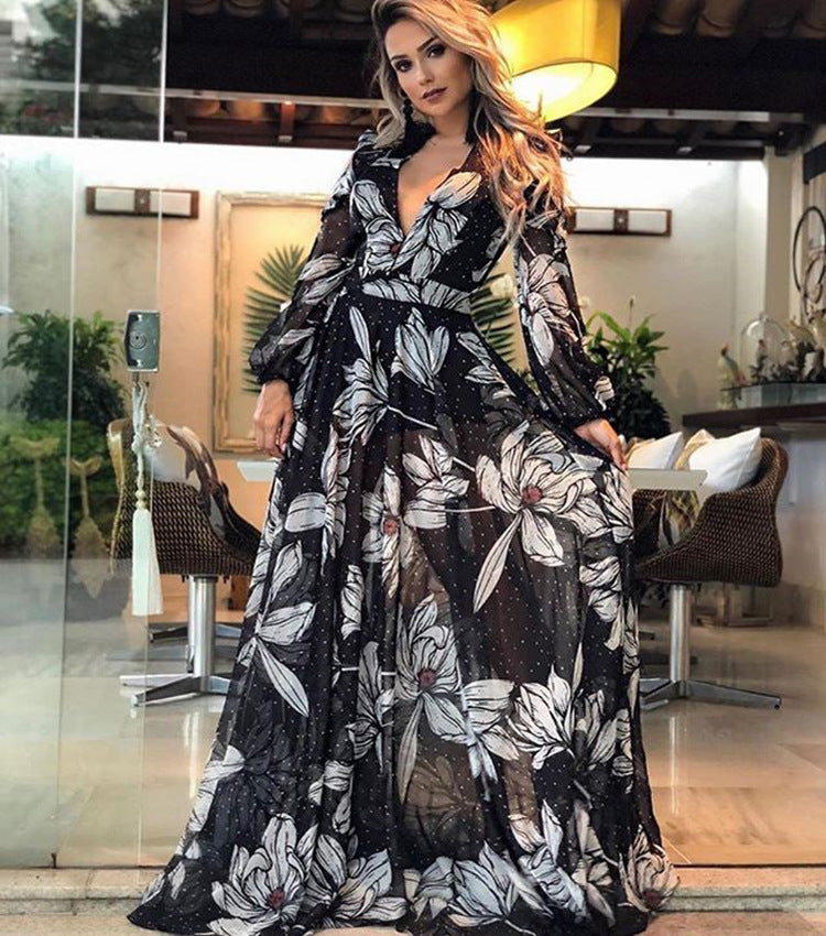 Damen Elegantes Maxikleid mit floralem Chiffon und tiefem V-Ausschnitt Heidi-Mode