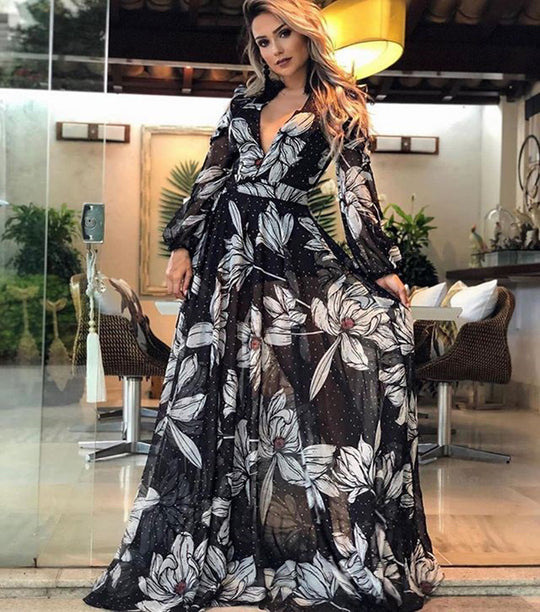 Damen Elegantes Maxikleid mit floralem Chiffon und tiefem V-Ausschnitt Heidi-Mode