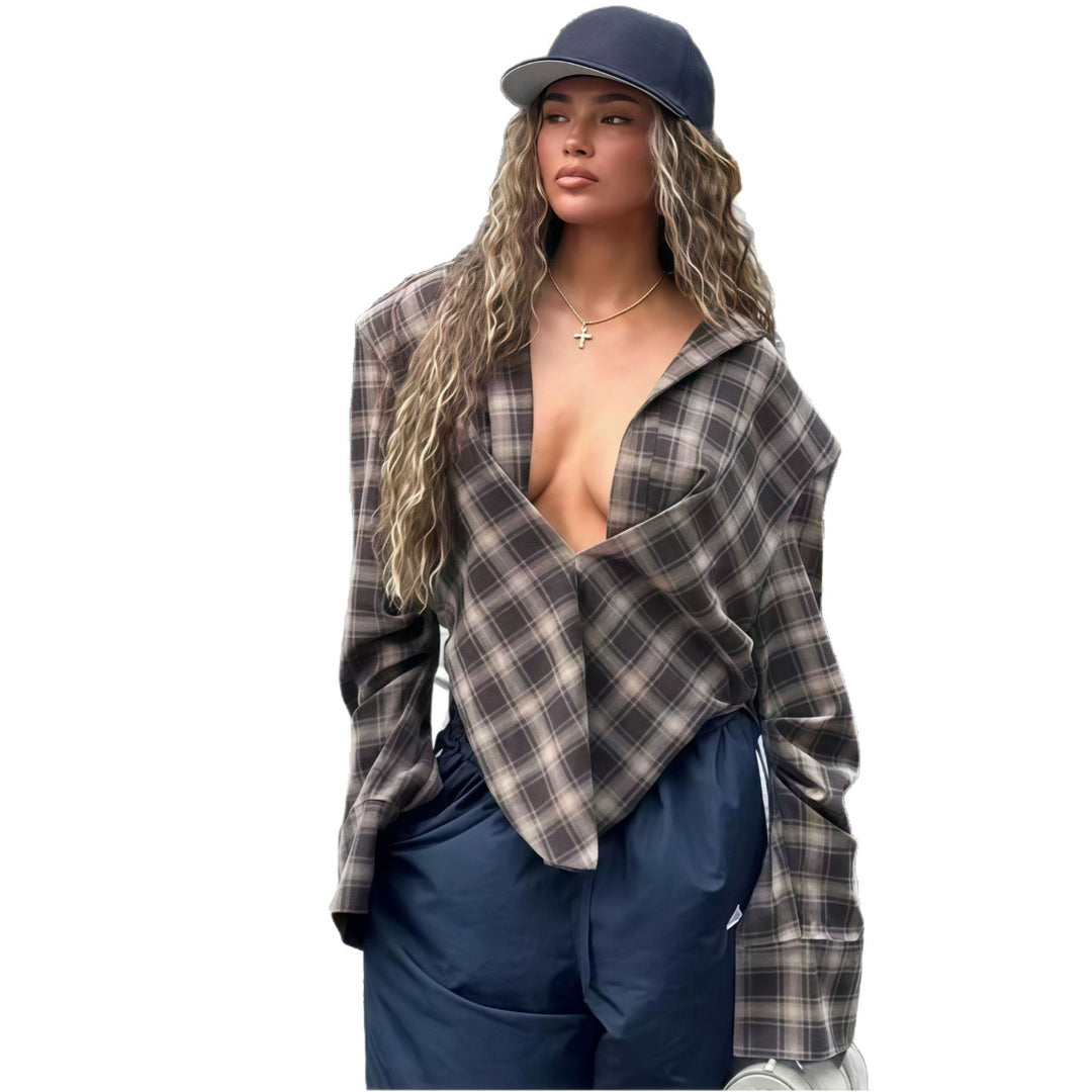 Damen Oversized Karo-Hemdbluse mit tiefem V-Ausschnitt und lässigem Schnitt Heidi-Mode