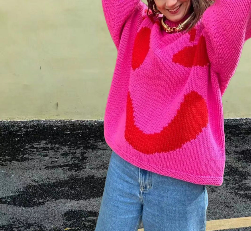 Damen gestrickter Pullover mit fröhlichem Smiley-Motiv und lässigem Schnitt Heidi-Mode