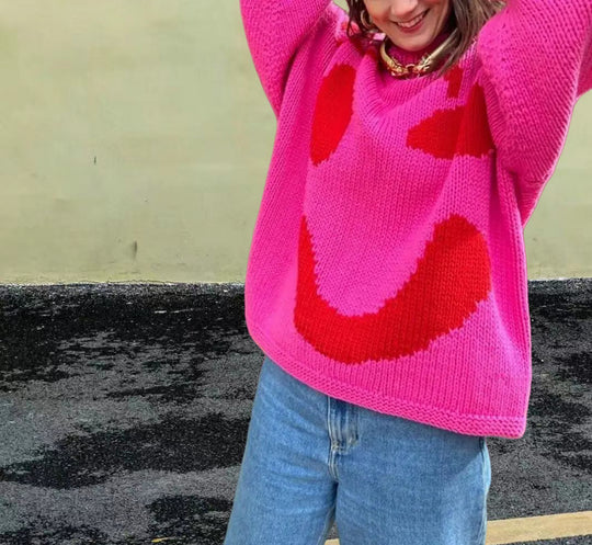 Damen gestrickter Pullover mit fröhlichem Smiley-Motiv und lässigem Schnitt Heidi-Mode