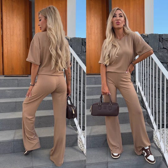 Damen Elegantes Loungewear-Set mit Rippstruktur und weitem Bein Heidi-Mode