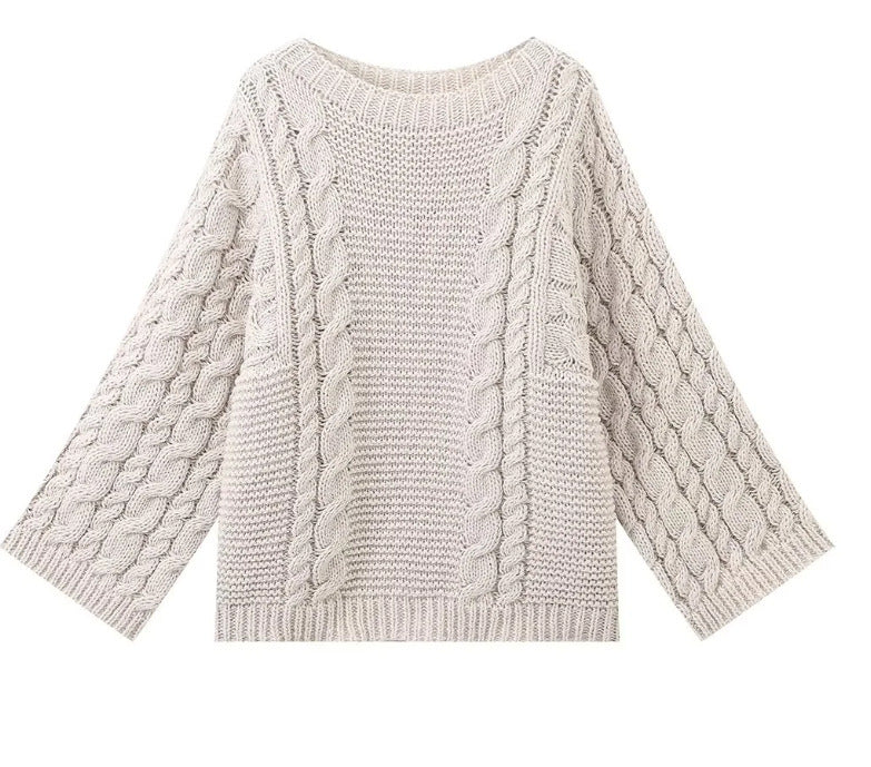 Damen Strickpullover mit voluminösen Ärmeln und strukturiertem Zopfmuster Heidi-Mode