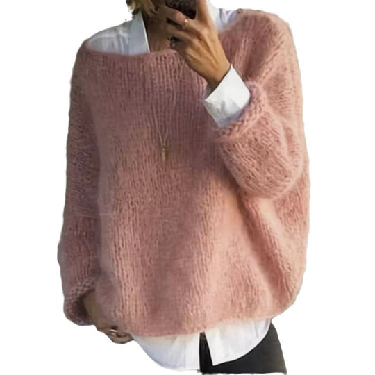 Damen kuscheliger Oversized Pullover mit U-Boot-Ausschnitt Heidi-Mode