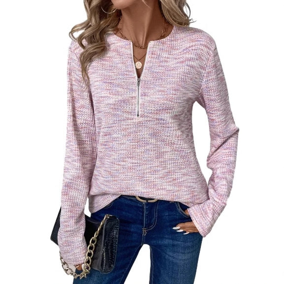 Damen leichter Pullover mit halbem Reißverschluss und strukturierter Oberfläche Heidi-Mode