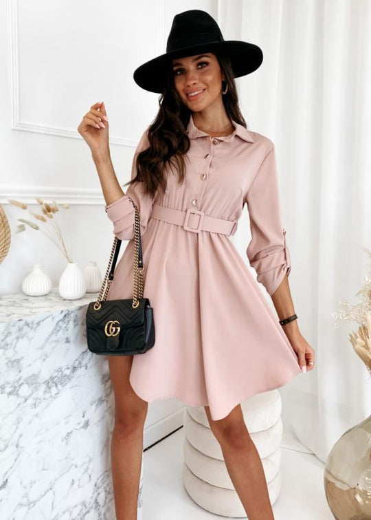 Damen Hemdblusenkleid mit taillierter Gürtel und asymmetrischem Saum Heidi-Mode