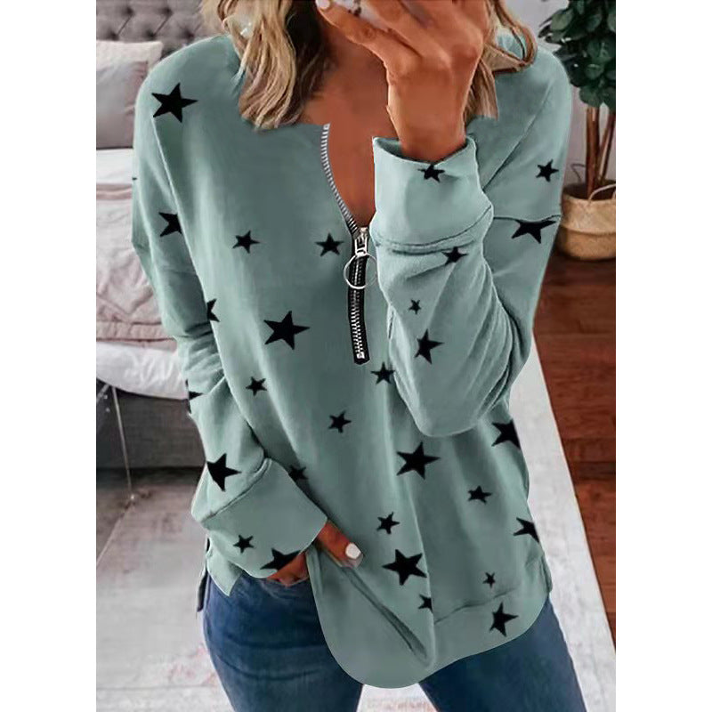 Damen Lässiger Sweatshirt mit Reißverschluss und Sternenmotiv Heidi-Mode