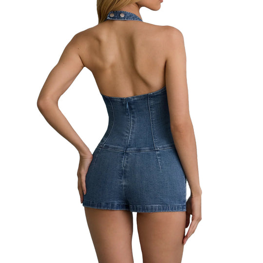 Damen Jeans Overall mit Hochkragen und Knopfleiste Heidi-Mode