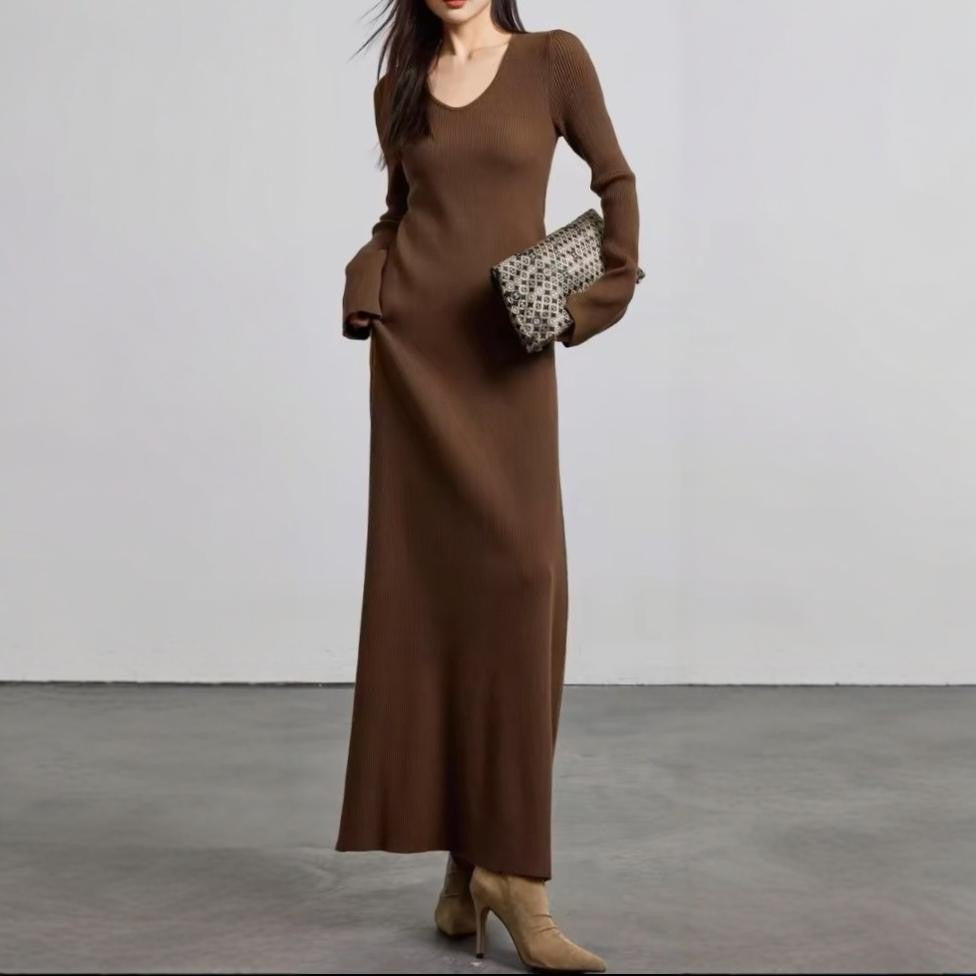 Damen elegantes Maxikleid mit feiner Rippstruktur und V-Ausschnitt Heidi-Mode