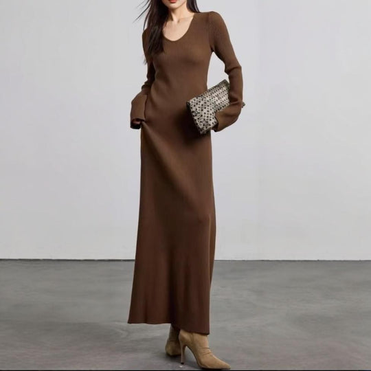 Damen elegantes Maxikleid mit feiner Rippstruktur und V-Ausschnitt Heidi-Mode