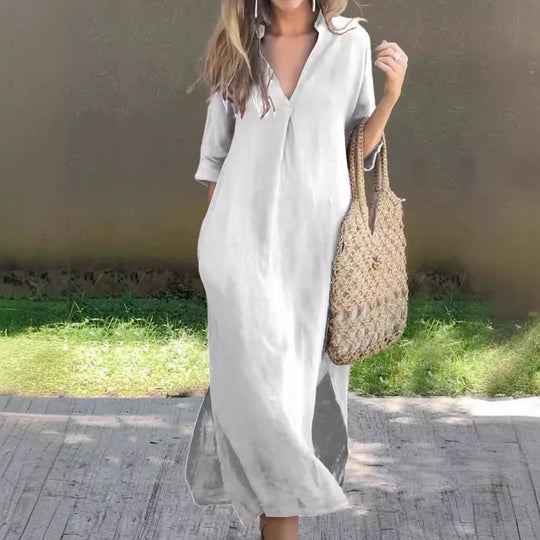 Damen Maxi-Kleid mit V-Ausschnitt und lässigem Schnitt Heidi-Mode