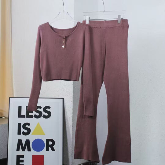 Damen lässiges Strick-Loungewear-Set mit Knopfdetails und weitem Bein Heidi-Mode