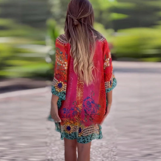 Damen Kaftan mit elegantem V-Ausschnitt und funkelndem Print Heidi-Mode