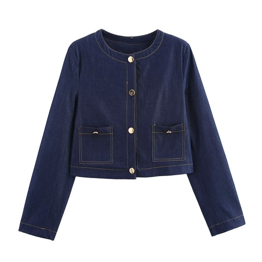 Damen cropped Jeansjacke mit aufgesetzten Taschen und eleganter Knopfdetails Heidi-Mode