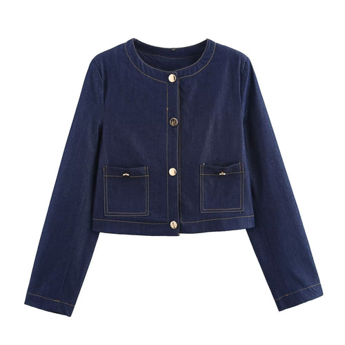 Damen cropped Jeansjacke mit aufgesetzten Taschen und eleganter Knopfdetails Heidi-Mode