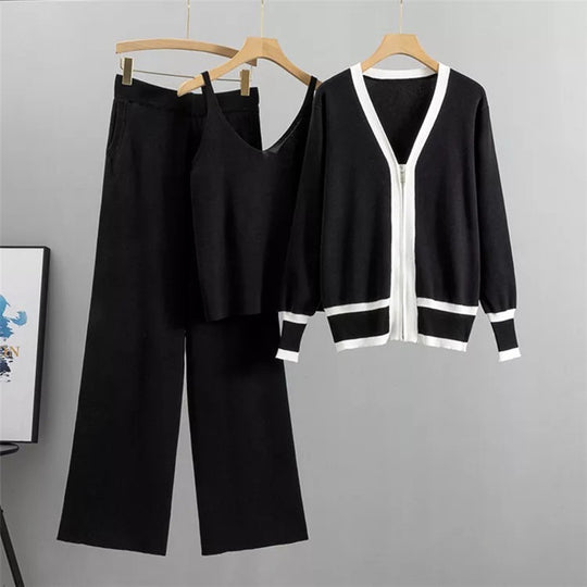 Damen lässiges Strick-Loungewear-Set mit hochwertigem Zip-Cardigan und Weitbein-Hosen Heidi-Mode