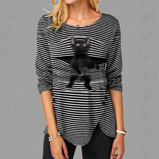 Damen lässige T-Shirt mit Katzenmotiv Heidi-Mode