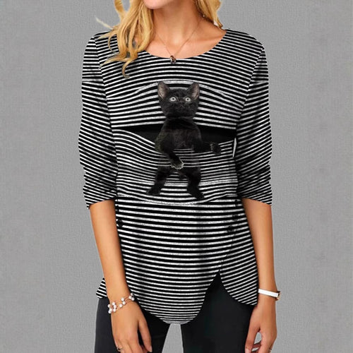 Damen lässige T-Shirt mit Katzenmotiv Heidi-Mode