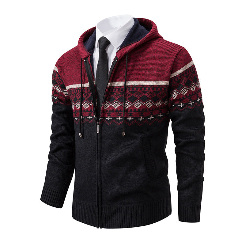 Herren stilvolle Strickjacke mit Kapuze und Norweger-Muster Heidi-Mode