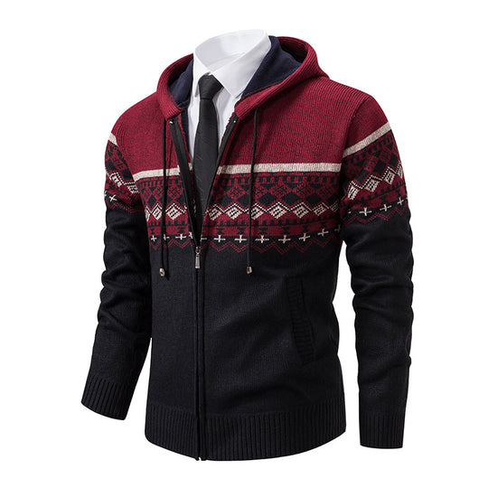 Herren stilvolle Strickjacke mit Kapuze und Norweger-Muster Heidi-Mode