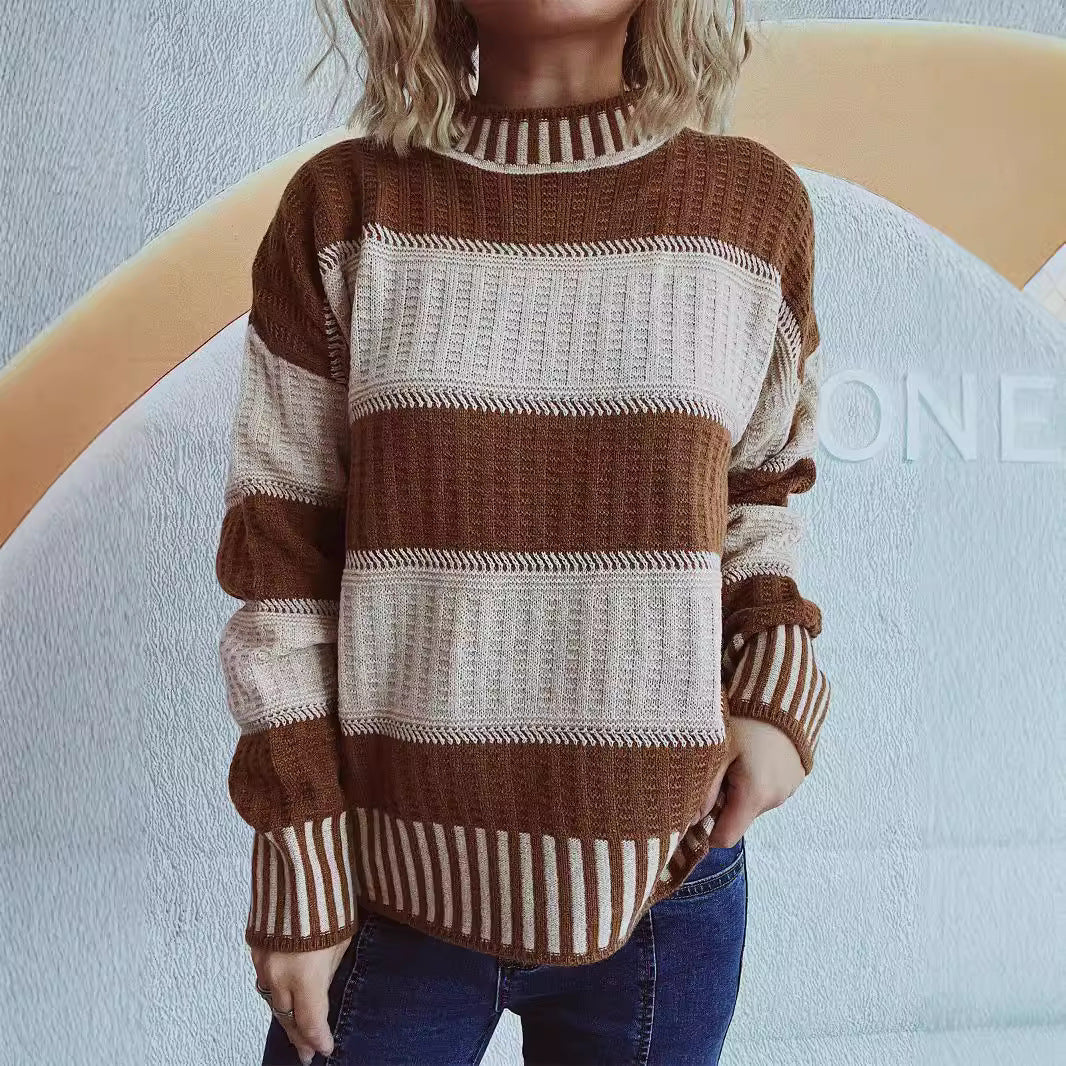 Damen lässiger Strickpullover mit modernem Streifenmuster und warmem Material Heidi-Mode