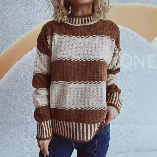 Damen lässiger Strickpullover mit modernem Streifenmuster und warmem Material Heidi-Mode