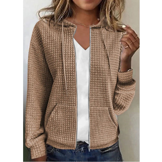 Damen Waffelstruktur Kapuzenjacke mit durchgehendem Reißverschluss und praktischen Taschen Heidi-Mode