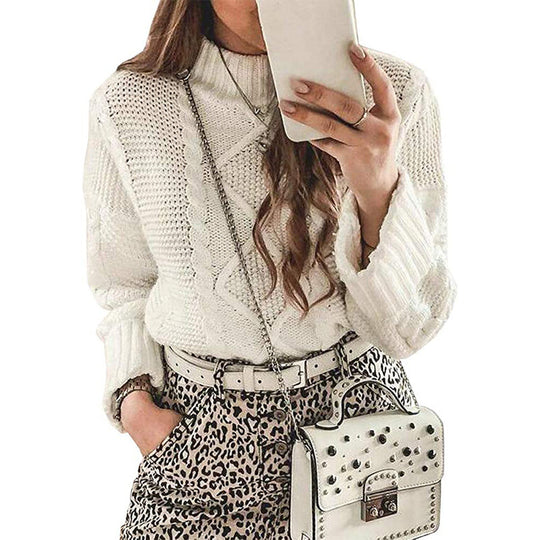 Damen modischer Strickpullover mit eleganten Zopfmustern und leichtem Rollkragen Heidi-Mode