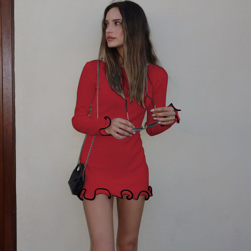 Damen Figurbetontes Minikleid mit elegantem Wellensaum und langen Ärmeln Heidi-Mode