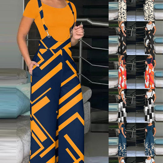 Damen modische Latzhose mit weitem Bein und buntem Grafikdesign Heidi-Mode