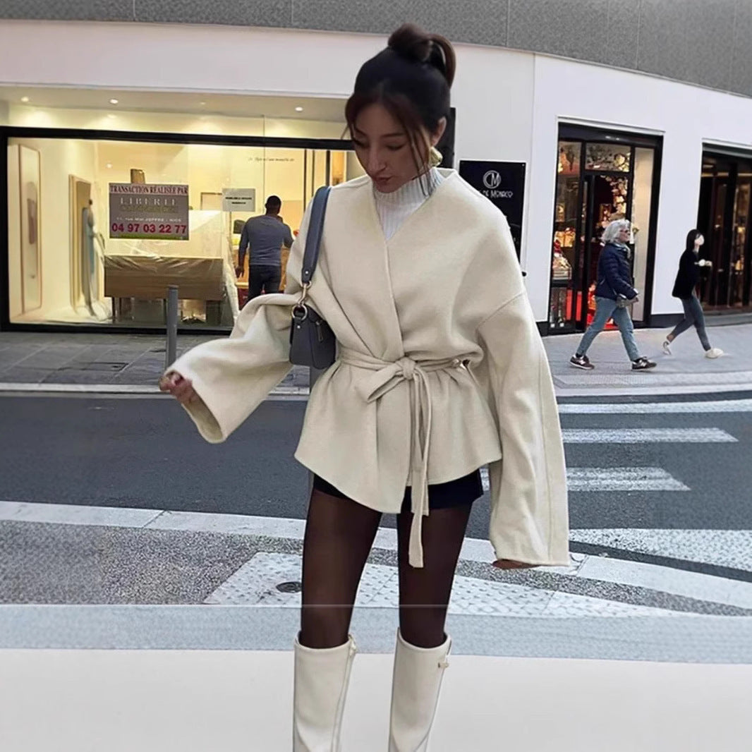 Damen modische Wickeljacke mit Gürtel und weiten Ärmeln Heidi-Mode