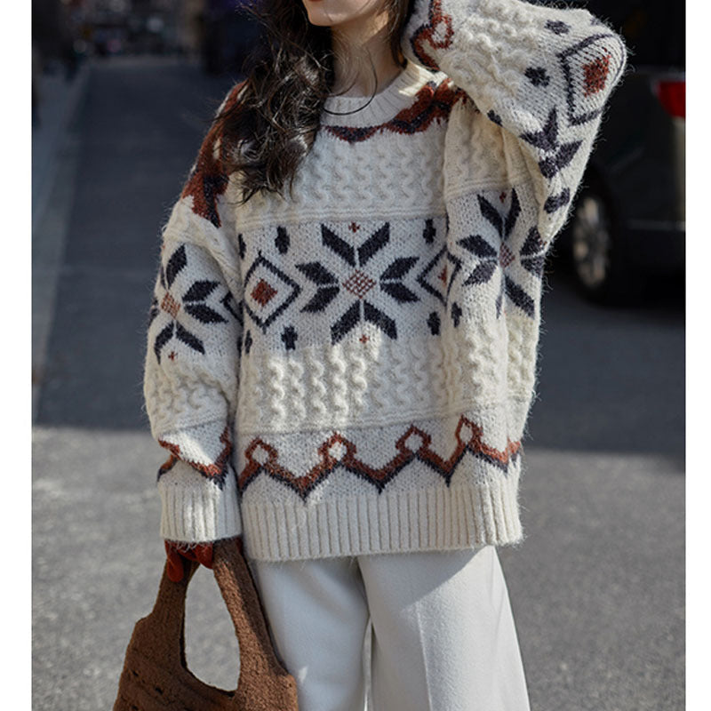 Damen Grobstrickpullover mit geometrischem Muster und Rundhalsausschnitt Heidi-Mode