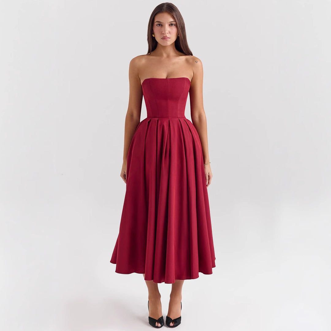 Damen Maxikleid mit schulterfreiem Design und voluminösem Saum Heidi-Mode