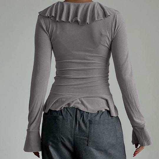 Damen Rüschenbluse mit verführerischem V-Ausschnitt und elastischem Saum Heidi-Mode