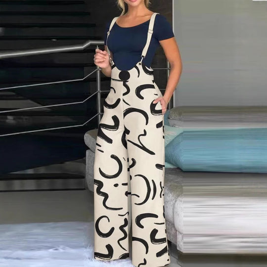 Damen modische Latzhose mit weitem Bein und buntem Grafikdesign Heidi-Mode
