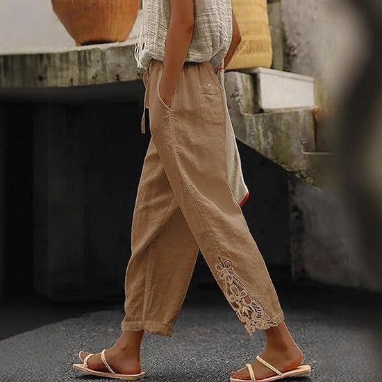 Damen luftige Leinenhose mit dekorativen Stickereien Heidi-Mode