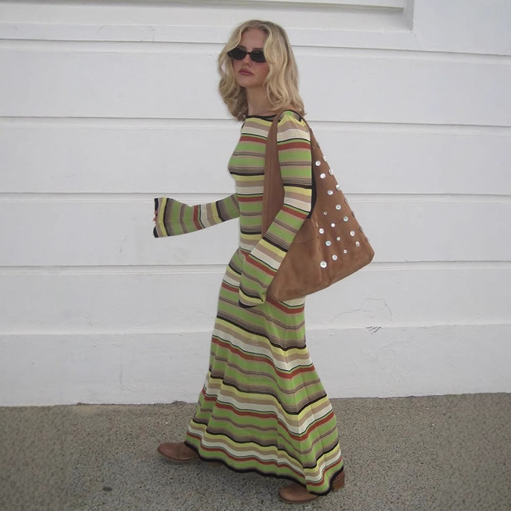 Damen Maxi-Kleid mit einzigartigem Streifenmuster und weitem Arm Heidi-Mode