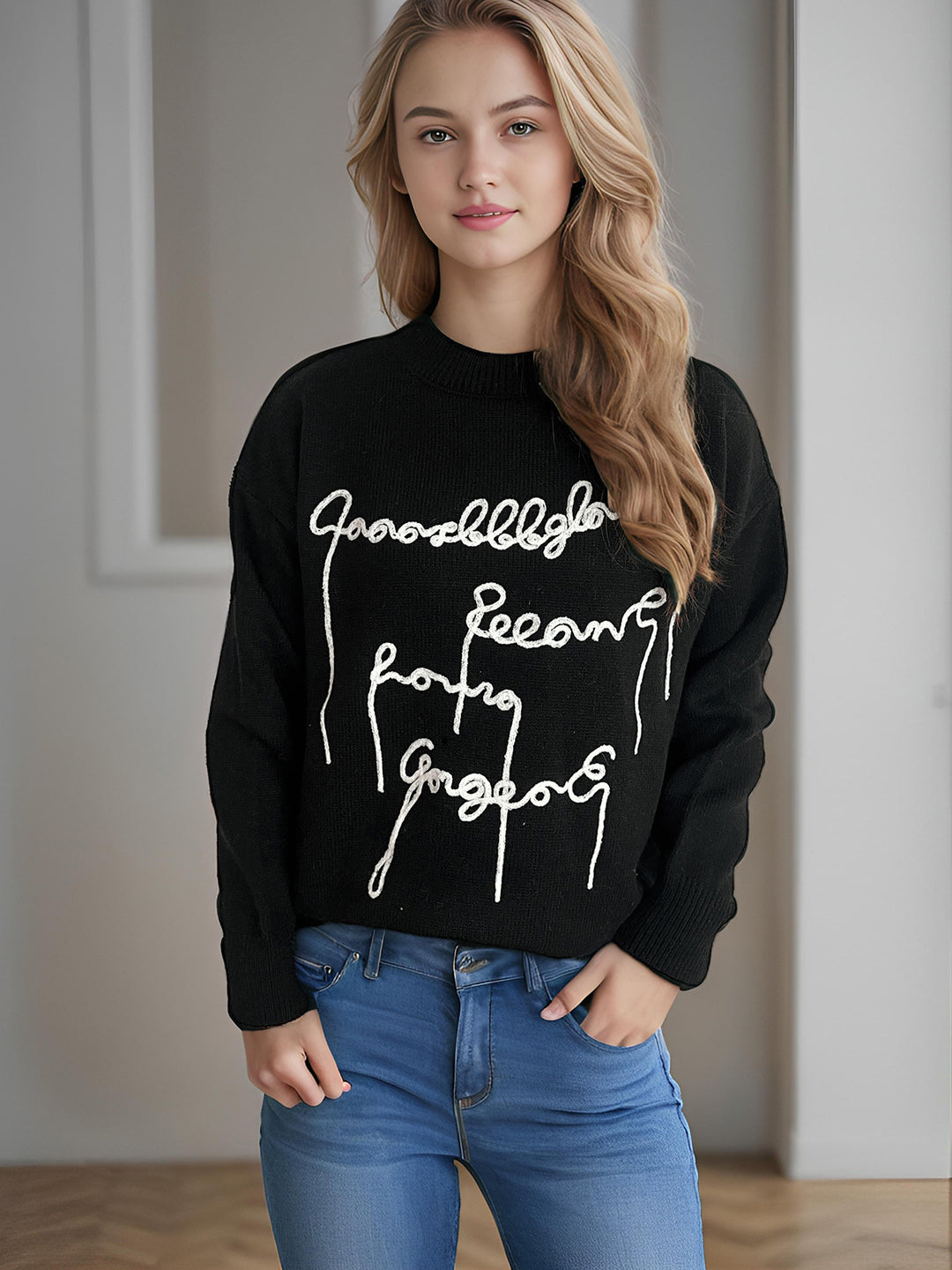 Damen lässiger Pullover mit kreativem Schriftzug Heidi-Mode