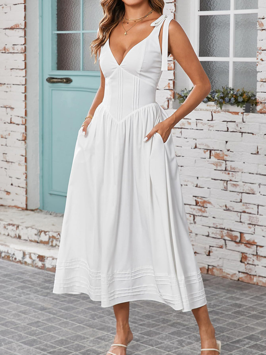 Damen Maxi-Kleid mit V-Ausschnitt und eleganten Spagettiträgern Heidi-Mode