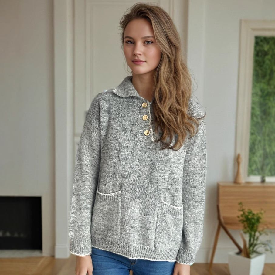 Damen Pullover mit kontrastierendem Kragen und dekorativen Knöpfen Heidi-Mode
