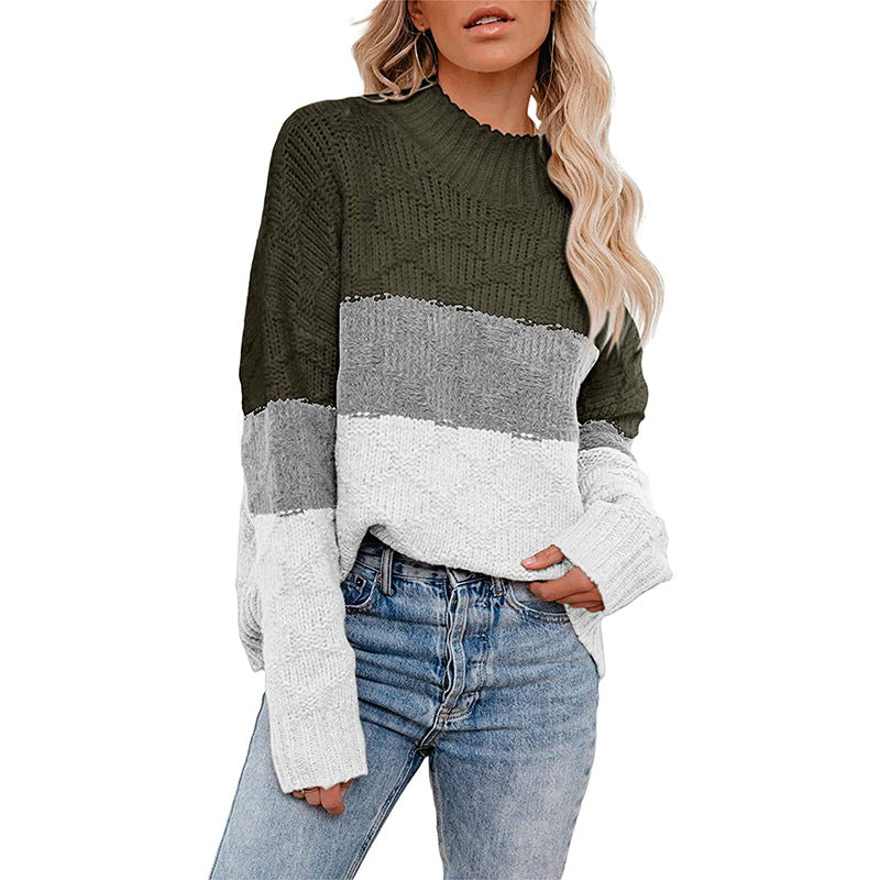 Damen farbenfroher Strickpullover mit strukturiertem Muster und hohem Kragen Heidi-Mode