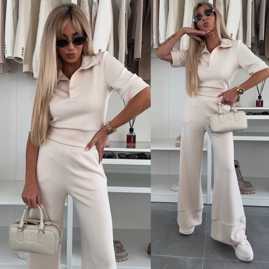 Damen Elegantes Freizeit-Loungewear-Set mit modischem Polo-Oberteil und weit geschnittenen Hosen Heidi-Mode