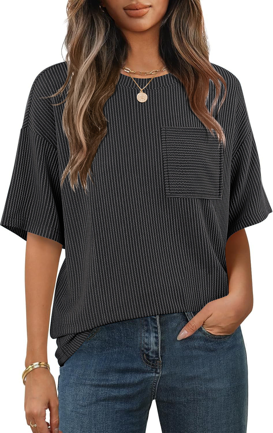 Damen lässiges gestreiftes T-Shirt mit Brusttasche Heidi-Mode