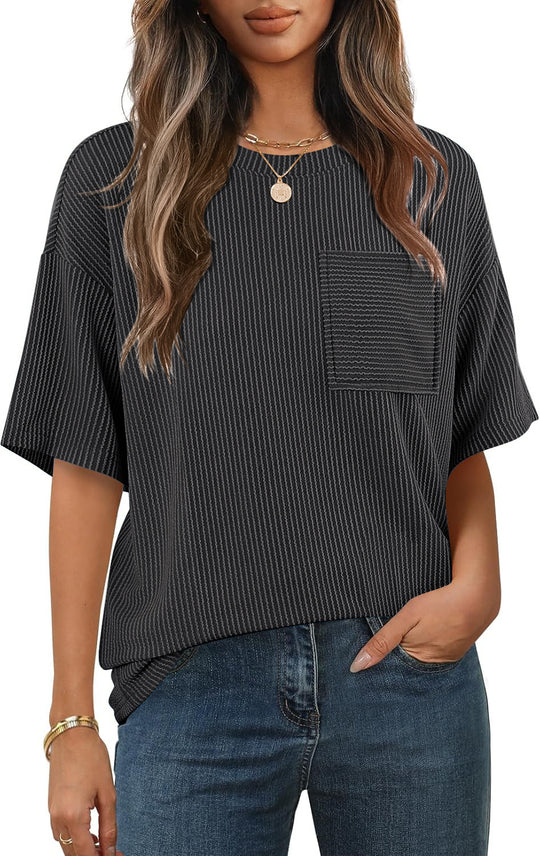 Damen lässiges gestreiftes T-Shirt mit Brusttasche Heidi-Mode