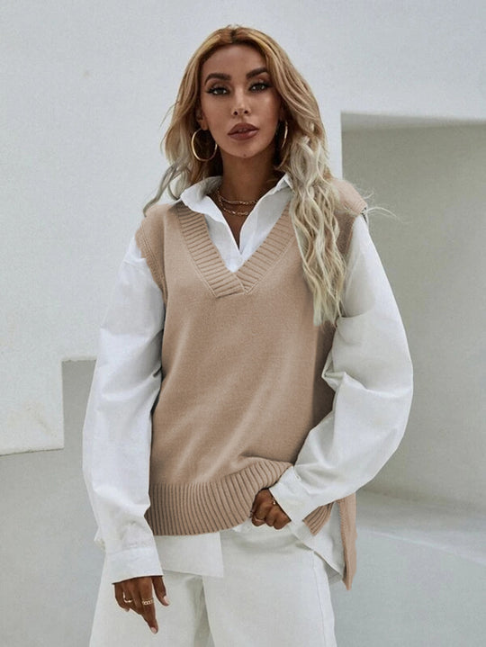 Damen Strickweste mit V-Ausschnitt und eleganter Rippenstruktur Heidi-Mode