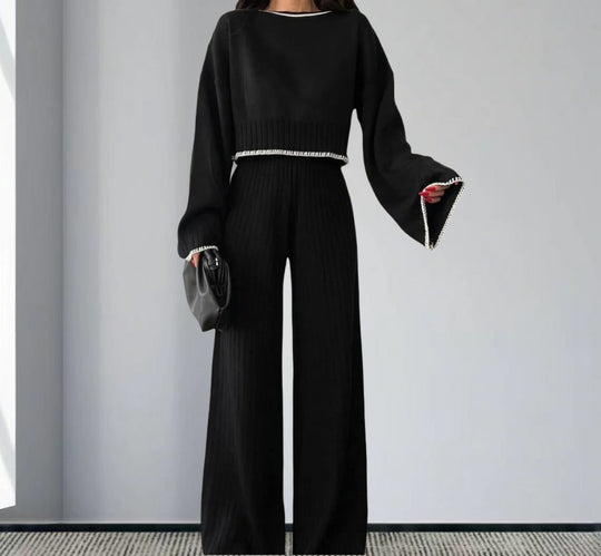 Damen elegantes Strickanzug mit weitem Bein und romantischen Ärmeln Heidi-Mode