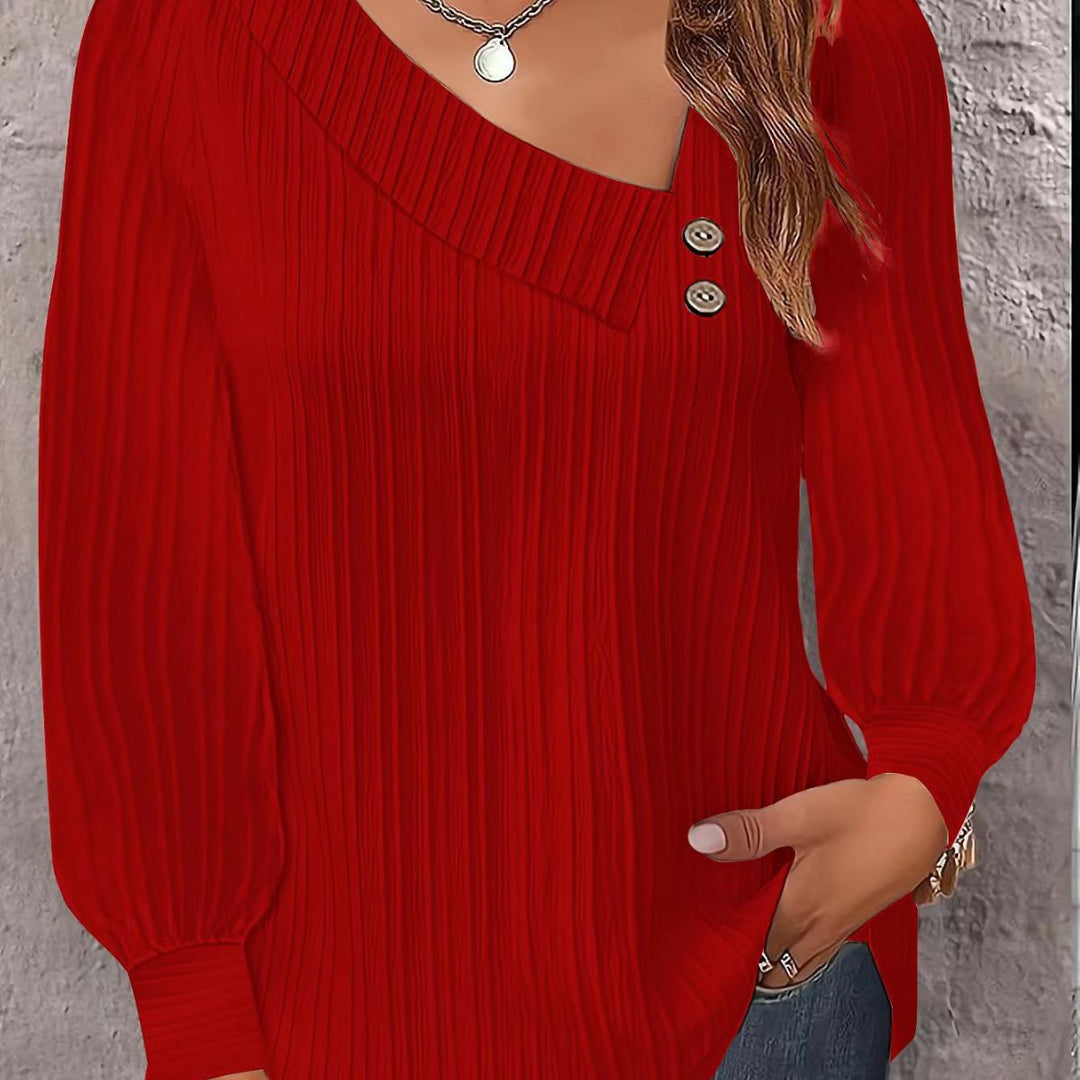 Damen Plissiertes Oberteil mit asymmetrischem Kragen und eleganten Knopfdetails Heidi-Mode