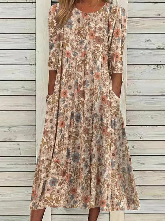 – Bohemian-Kleid mit Rundhalsausschnitt, lockeres, lässiges Taschenkleid für Damen