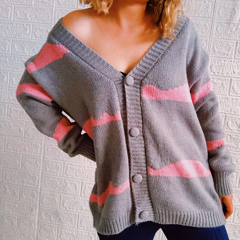 Damen gestreifte Strickjacke mit Knopfverschluss und weitem Schnitt Heidi-Mode
